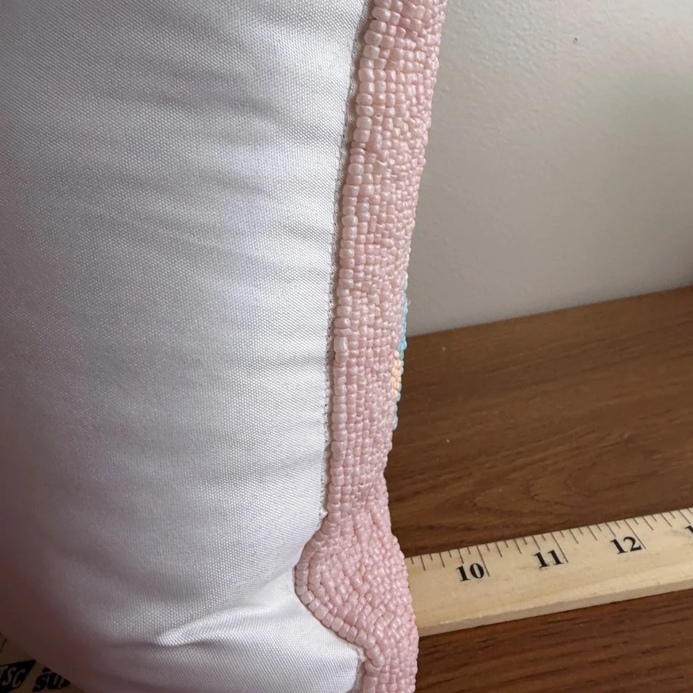 Pink Beaded Gnome Throw Pillow Buffalo Plaid Seed Bead Cottagecore Decor